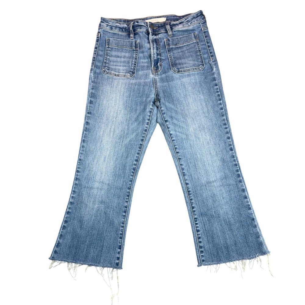Hidden Jeans HD3785-M Womens 28 Cropped Flare Raw Hem Patch Pocket Blue Denim